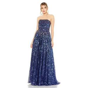 NEW NWT Mac Duggal STRAPLESS EMBELLISHED navy BEADED A LINE GOWN